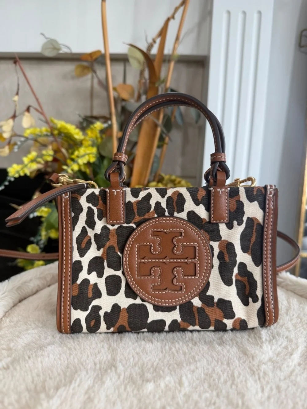 Tory Burch Leopard Print Leather-Trim Crossbody in Brown and Cream